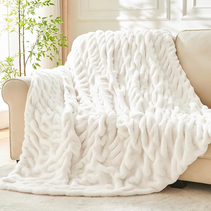 BEDELITE Faux Fur Throw Blanket for Couch, Soft and Cozy Boho Ruched Fluffy Blanket, Warm Plush Fuzzy Faux Rabbit Fur Blanket for Women Gift (Cream, 50"x 60")-Ruum Studio Home
