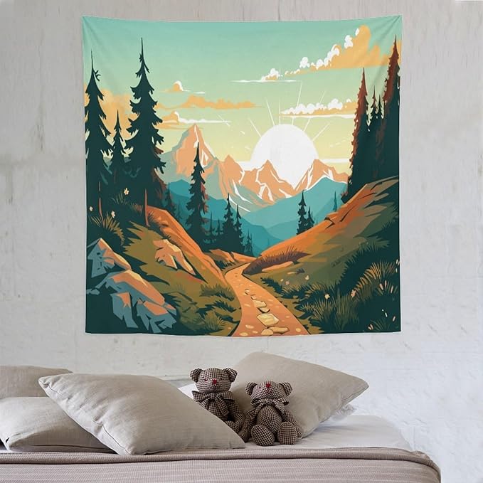 HZOHNAGO Mountain Tapestry Forest Mountain Sunrise Road Pattern Printed Wall Tapestry Wall Hanging for Bedroom Living Room Dorm 60" W x 60" H-Ruum Studio Home