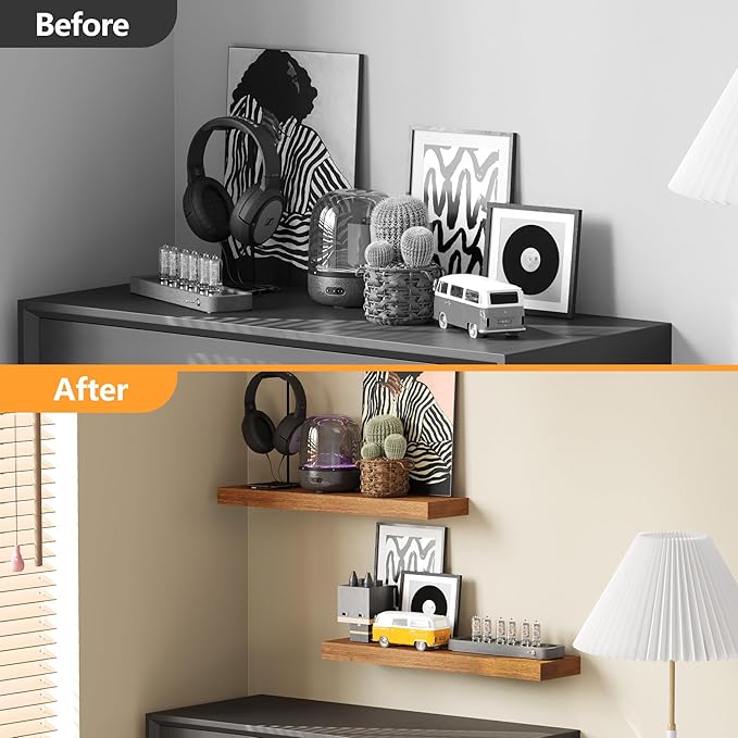 BAMEOS 24x6 Wall Shelf, 2-Shelf Modern Oak Floating Shelf Set for Bedroom, Bathroom, Kitchen Storage-Ruum Studio Home