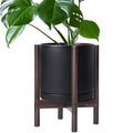 D'vine Dev Ceramic Planter with Walnut Color Stand - 12 Inch Modern Round Flower Pot with Wood Planter Holder, Black, 55-B-W-2-Ruum Studio Home
