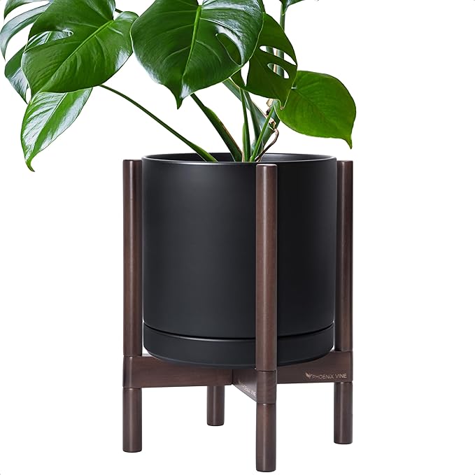 D'vine Dev Ceramic Planter with Walnut Color Stand - 12 Inch Modern Round Flower Pot with Wood Planter Holder, Black, 55-B-W-2-Ruum Studio Home
