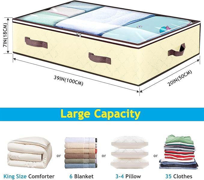 90L Under Bed Storage Containers, Closet Organizers and Storage Bins, Foldable Underbed Storage Bags for Blankets, Towels, Comforter, Sweaters, Pillows, Linen Sheets, Wrapping Paper, 4 Pack Beige-Ruum Studio Home