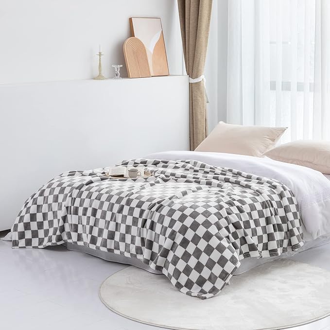 LOMAO Throw Blankets Flannel Blanket with Checkerboard Grid Pattern Soft Throw Blanket for Couch, Bed, Sofa Luxurious Warm and Cozy for All Seasons (Grey, 60"x80")-Ruum Studio Home