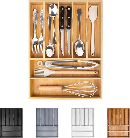 Bellsal Bamboo Silverware Drawer Organizer, Kitchen Utensil Drawer Organizers, 12"x15.7" Utensils Holder Cutlery Tray with Grooved Drawer Dividers for Kitchen Flatware Bedroom Office(7 Slot, Natural)-Ruum Studio Home