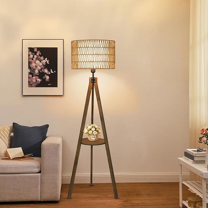 Boho Tripod Floor Lamps for Living Room, Rattan Wood Floor Lamp with Fabric Shades, Mid Century Standing Lamp with Shelf, Foot Switch, Modern Farmhouse Tall Lamps for Bedroom Office Brown-Ruum Studio Home