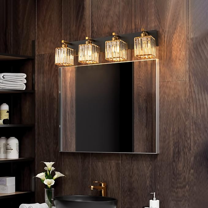 Modern Bathroom Vanity Light 4-Lights Black Gold Crystal Bathroom Wall Light Vanity Light Fixtures，28.34-inch Modern Minimalist Design-Ruum Studio Home