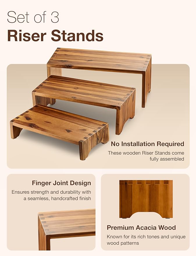 Acacia Wood Risers Display Stands Set of 3 - Wooden 3 Tier Cupcake Stand - 3 Tiered Riser for Vendors - Decorative Display Risers for Food Desserts Stand, Perfume, Funko POP at Party Wedding-Ruum Studio Home