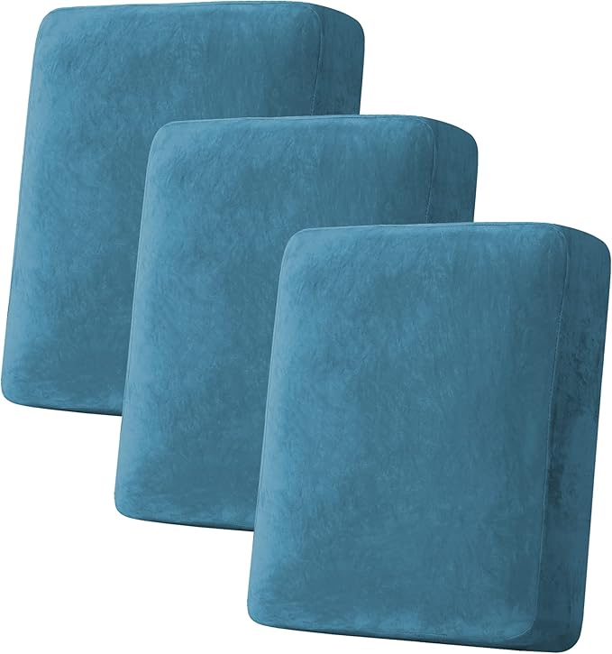 H.VERSAILTEX Velvet Stretch Couch Cushion Cover Plush Cushion Slipcover for Chair Loveseat Sofa Cushion Furniture Protector Seat Cushion Sofa Cover (3 Piece Sofa Cushion Covers, Peacock Blue)-Ruum Studio Home