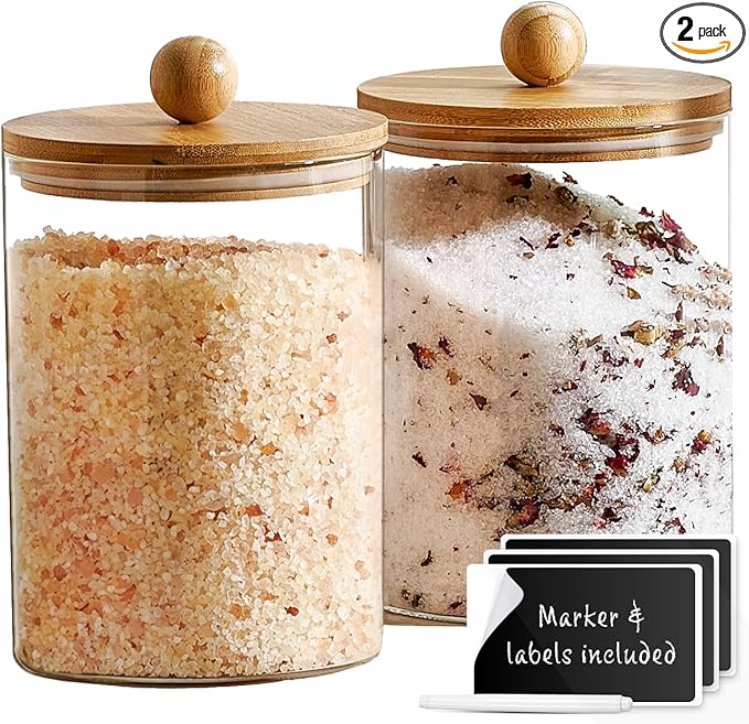 Set of 2 Large Glass Canisters for Kitchen Counter with Airtight Bamboo Lids + Marker & Labels - Cookie Jars with Wooden Lid, Food Storage Containers for Pantry, Flour Pasta Candy Coffee Pods - 68oz.-Ruum Studio Home