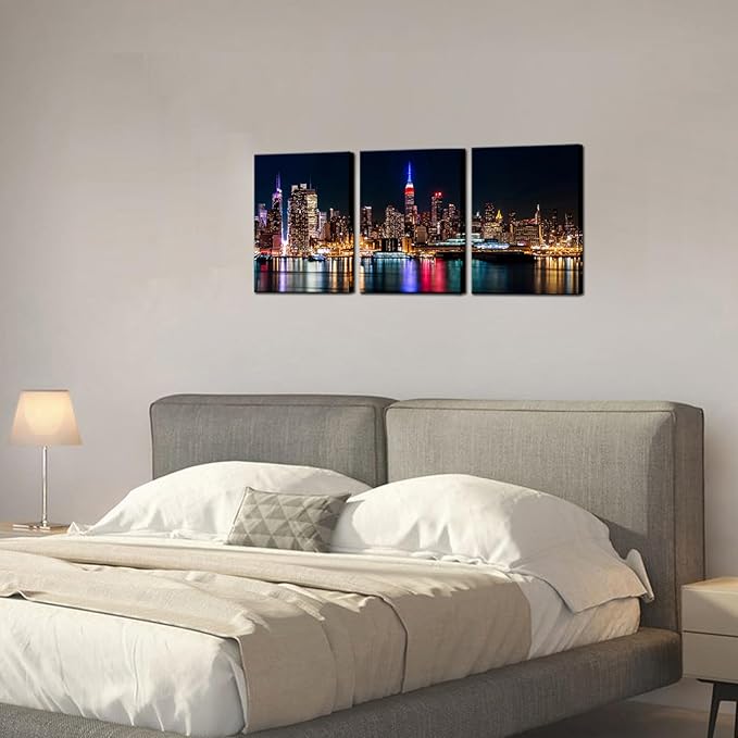 Biuteawal New York City Canvas Wall Art Manhattan Skyline Night View Picture Painting Modern Giclee Canvas Prints Home Office Living Room Wall Decoration-Ruum Studio Home