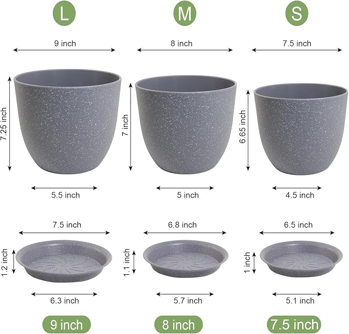 Flower Pots 9/8/7.5inch, Set of 3 Modern Decorative Plastic Planters with Drainage Holes and Saucers for Garden House Plants, Plant Pots for Indoor Outdoor Plants, Speckled Grey-Ruum Studio Home