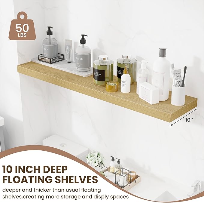 Fun Memories 48 Inch Floating Shelves for Wall - 10 Inch Deep Fireplace Mantel Shelf - Wood Floating Shelves for Wall - Large Storage Shelves Wall Mount for Living Room & Bedroom - Oak - Set of 1-Ruum Studio Home