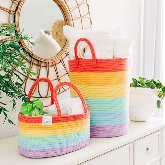 OrganiHaus Tall Rainbow Rope Blanket Basket for Living Room Decor, Cute Woven Baby Laundry Basket, Baby Nursery Hampers for Toys, Kids Laundry Hamper for Dirty Clothes, Decor for Kids Classroom-Ruum Studio Home