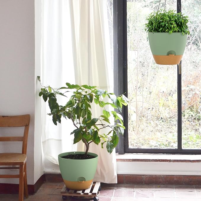 ZMTECH 12 Inch Hanging Planters for Indoor Outdoor Plants, 1 Pack Self Watering Hanging Plant Pots with Drainage Holes and Removable Saucer, Plastic Flower Hanging Pots with Watering Lip (Green)-Ruum Studio Home