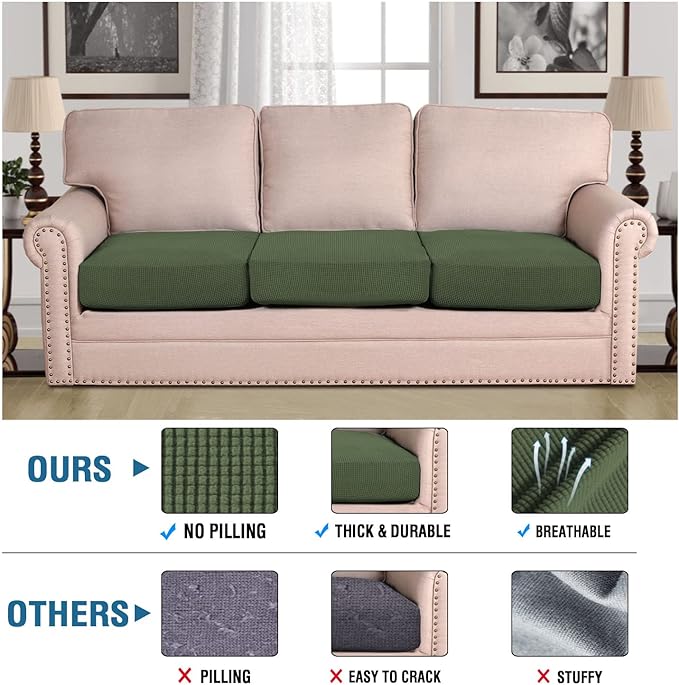 H.VERSAILTEX Super Stretch Individual Seat Cushion Covers Sofa Covers Couch Slipcover Sets Thick Jacquard Textured Twill Fabric (3 Piece Sofa Cushion Covers, Bronze Green)-Ruum Studio Home