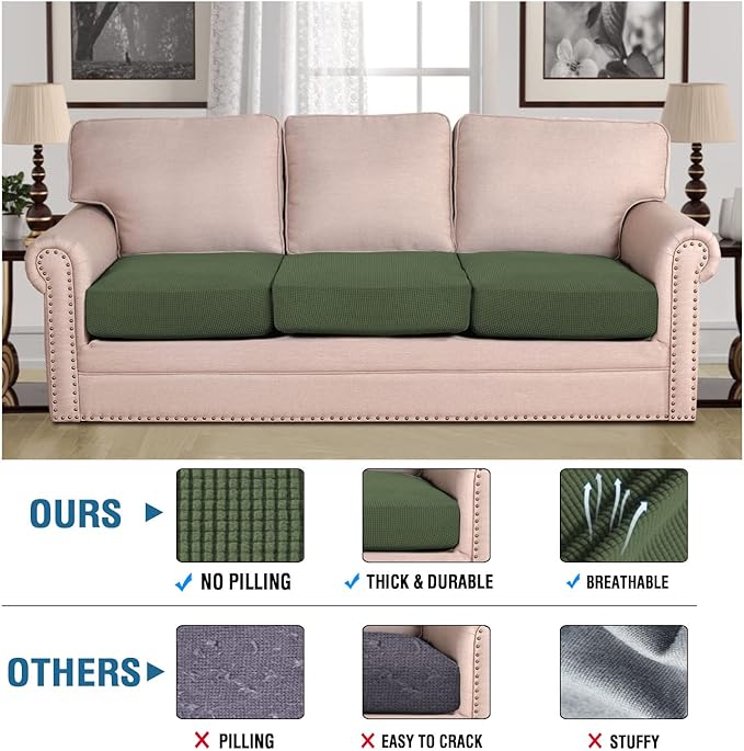 H.VERSAILTEX Super Stretch Individual Seat Cushion Covers - Sofa & Couch Cushion Slipcover Sets - Thick Jacquard Textured Twill Fabric (3 Piece XL Sofa Cushion Covers, Bronze Green)-Ruum Studio Home