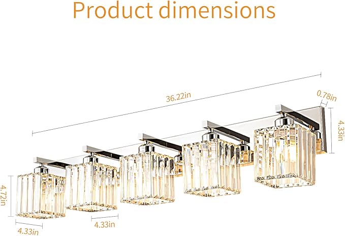 Modern Vanity Light 5-Lights Chrome Crystal Bathroom Wall Light Fixtures-Ruum Studio Home