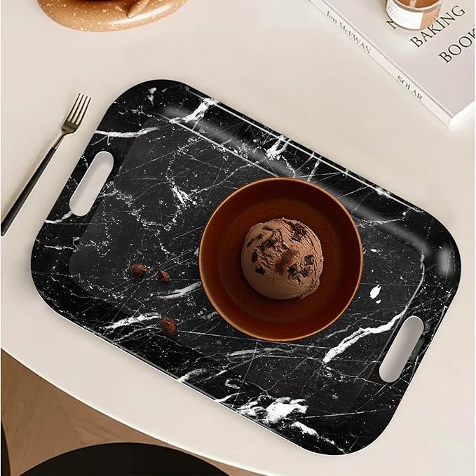 Serving Trays with Handles, 14.5 x 9.8 inch Rectangular Plastic Tray for Restaurant, Kitchen, Black Marble-Ruum Studio Home