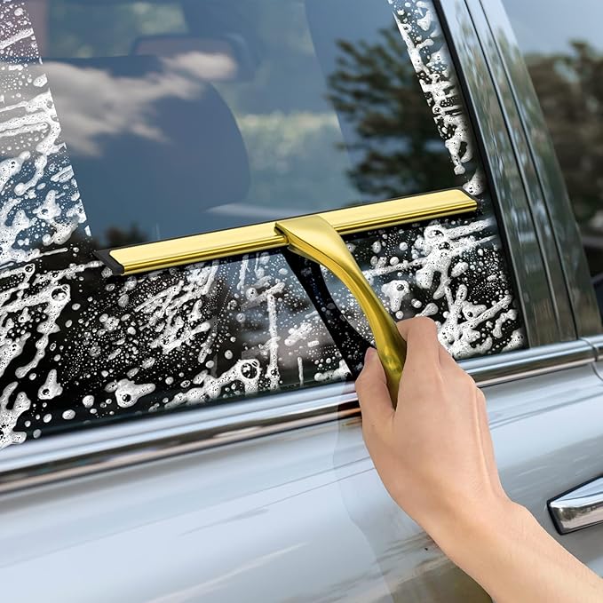 All-Purpose Stainless Steel Shower Squeegee for Shower Doors with 2 Adhesive Hooks, Bathroom Cleaner Tool Household Window Mirror Squeegee for Home Cleaning, Glass Door, Tile Wall, Car, 10 Inch Golden-Ruum Studio Home