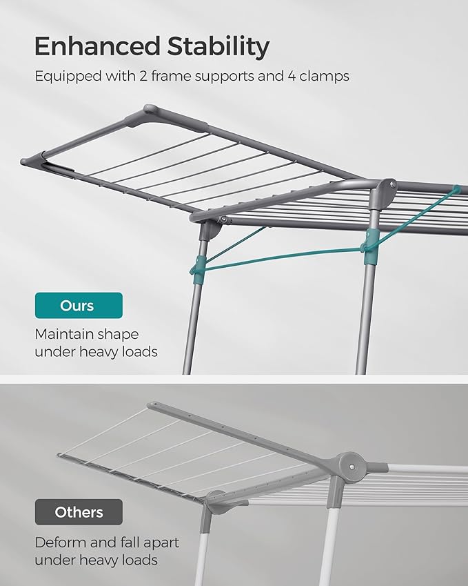 SONGMICS Clothes Drying Rack Foldable, Gullwing Laundry Drying Rack, Space-Saving, 22.2 x 68.1 x 38 Inches, Sock Clips, Metal Structure, for Clothes, Towels, Linens, Indoor, Outdoor Gray ULLR518G01-Ruum Studio Home