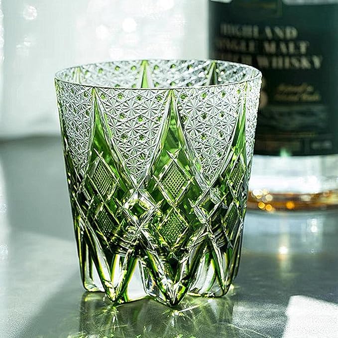 JEKE Edo style Hand Carved Drinking Glass Crystal Whisky Glass 340ml Tumbler For Whiskey Cocktail-Vodka-Beer Drinkingware Glasses In Gift Carton (Green)-Ruum Studio Home