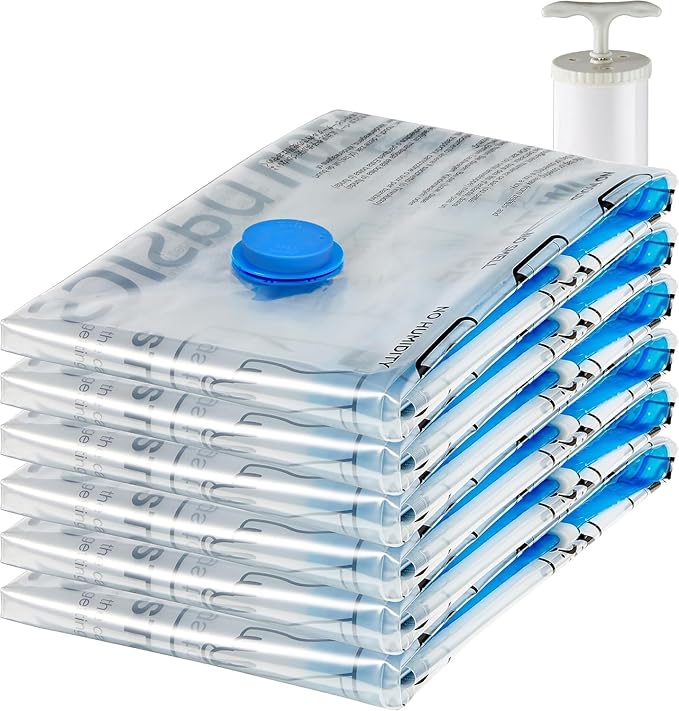 Amazon Basics Vacuum Compression Space Saving Storage Bags with Hand Pump for Clothes Packing, Jumbo, Clear, Pack of 6-Ruum Studio Home