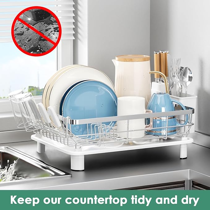 MOUKABAL Dish Drying Rack - Stainless Steel Dish Rack, Dish Racks for Kitchen Counter, Drying Rack Kitchen with Removable Utensil Holder, Drainboard and Glass Organizer (White)-Ruum Studio Home