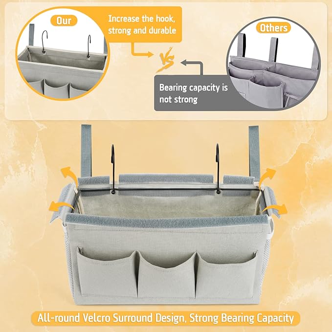 Bedside Storage Organizer with Fixed Straps and Water Bottle Holder for Home, College, Dorm, Bunk / Hospital Bed, Crib Bed Rails (Grey)-Ruum Studio Home