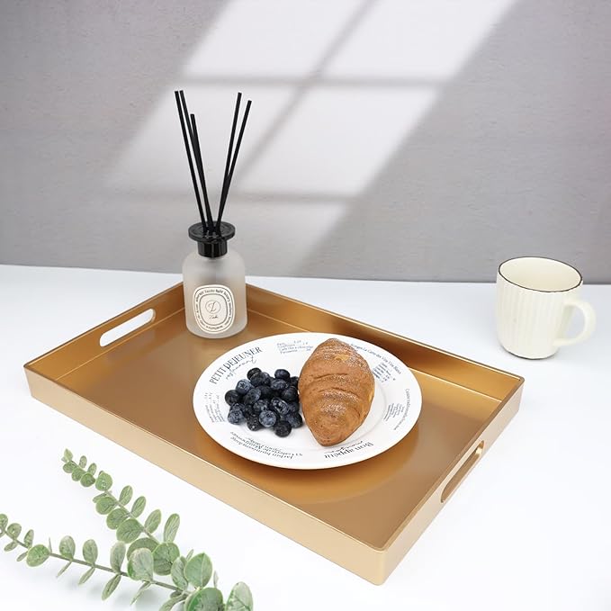 Spsyrine Gold Decorative Serving Tray with Handles, Elegant Plastic Coffee Table Tray for Ottoman, Living Room, Home Decor 15.6" X 10.2"-Ruum Studio Home