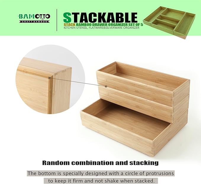 Stack Bamboo Drawer Organizer Set of 5, Kitchen Utensil, Flatware&Silverware Organizer-Wood Laminated Stackable for Kitchen, Bedroom, 13.4''x4.5''*2+10.2''x3.3''*2+10.2''x6.7''*1-Ruum Studio Home