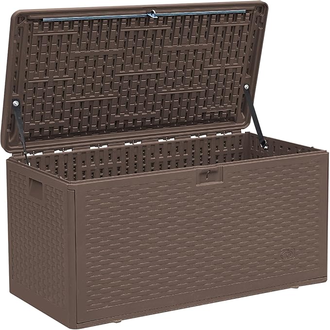 Premium Pro Edition 73 Gallon Lockable Resin Deck Box, Waterproof & UV-Resistant Outdoor Storage Box for Outdoor Cushion Storage, Garden Tools & Pool Accessories Storage, Brown-Ruum Studio Home