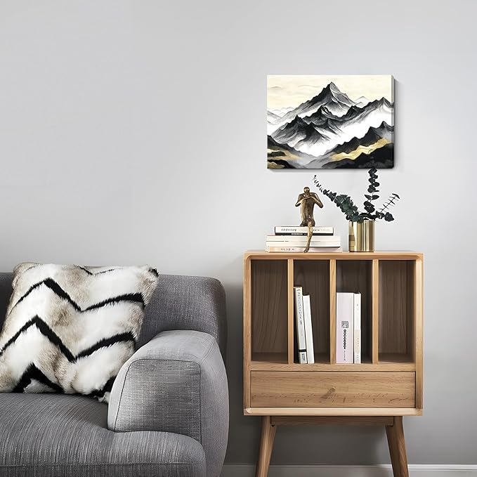 amatop Black and White Mountain Wall Art – Minimalist Modern Landscape Canvas Print Nature Scene Picture Bathroom Bedroom Office Wall Decor, Small Tranquil Misty Hills Zen Artwork for men, 16x12 Inch-Ruum Studio Home