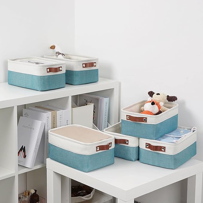 DULLEMELO Storage Baskets Bins for Organizing, Small Fabric Baskets for Shelves, Closets, Nursery, Home, Office, Empty Gift Baskets (6-Pack, White&Teal)-Ruum Studio Home