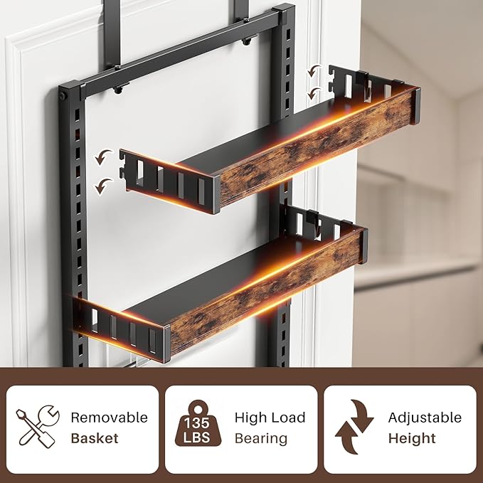 6 Tier Over The Door Pantry Organizer, 2 IN 1 Wall Mount or Metal Hanging Spice Rack for Pantry Organizers and Storage, Seasoning Shelves，Adjustable Basket with Hooks for Kitchen, Bathroom,Laundry-Ruum Studio Home