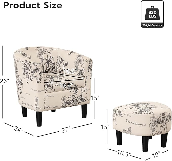 INZOY Modern Accent Chair with Ottoman for Small Space, Club Chair with Ottoman Set, Comfy Fabric Barrel Reading Chairs for Living Room Bedroom, Round Reading Chair with Foot Rest, Flower Pattern-Ruum Studio Home