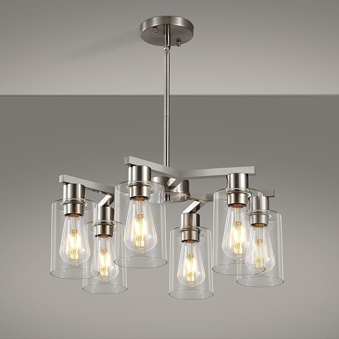 6-Light Farmhouse Brushed Nickel Chandelier,Modern Chandeliers for Dining Room Light Fixture Over Table,Adjustable Hanging Industrial Rustic Pendant Lights Kitchen Island Light with Clear Glass Shade-Ruum Studio Home