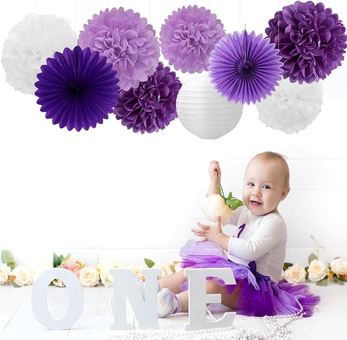 Purple White Birthday Party-Decorations Paper-Flowers - 14pcs Happy Banner Lavender Lanterns Tissue Pom Poms,Lilac Streamers Garland Fans,Women Girls Adult Kids Office Hanging Supplies Decor Hugfond-Ruum Studio Home