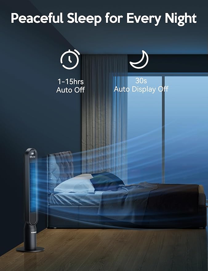 VAGKRI 42 Inch Tower Fan for Bedroom, Bladeless Quiet Floor Fan with 135° Vertical 90° Oscillation Fans for Indoors use, 4 Speeds, 4 Modes, 15H Timers Standing Fans with Remote Black-Ruum Studio Home