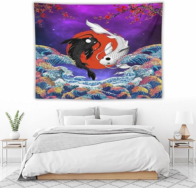 Houselerax Japanese Koi Fish Tapestry, Yin Yang Big Wave Cherry Blossom Tapestries Wall Hanging for Bedroom Living Room Office Decor 80"x60"-Ruum Studio Home