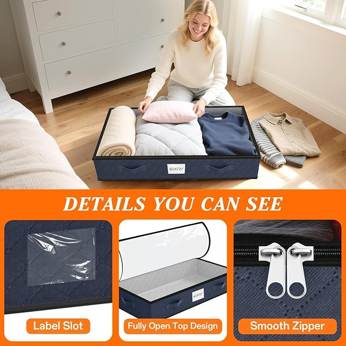 SpaceWhisper 90L Under Bed Storage Containers, 6-Pack Storage Bins with Clear Top, Foldable Closet Organizers and Storage with Label Holder for Clothing, Blankets, Comforter & Pillows(Blue)-Ruum Studio Home