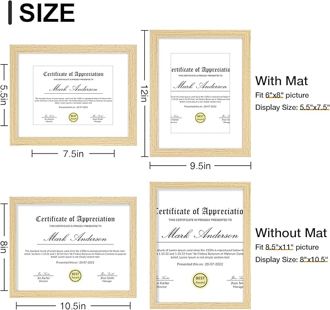 Vittanly 8.5x11 Picture Frames Set of 9, Shatter Resistant Plexiglass, Display 6x8 Pictures with Mat or 8.5x11 without Mat, Photo Frames for Wall or Tabletop, Engineered Wood, OAK-Ruum Studio Home
