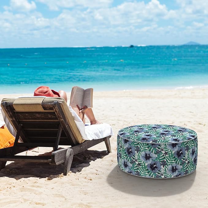 LVTXIII Indoor/Outdoor Inflatable Ottoman, D31 x H14 Inch Large Round Ottoman, All Weather Foot Rest Stool, Portable Footrest for Patio, Garden, Camping and Home - Blue Salmone Tropical-Ruum Studio Home