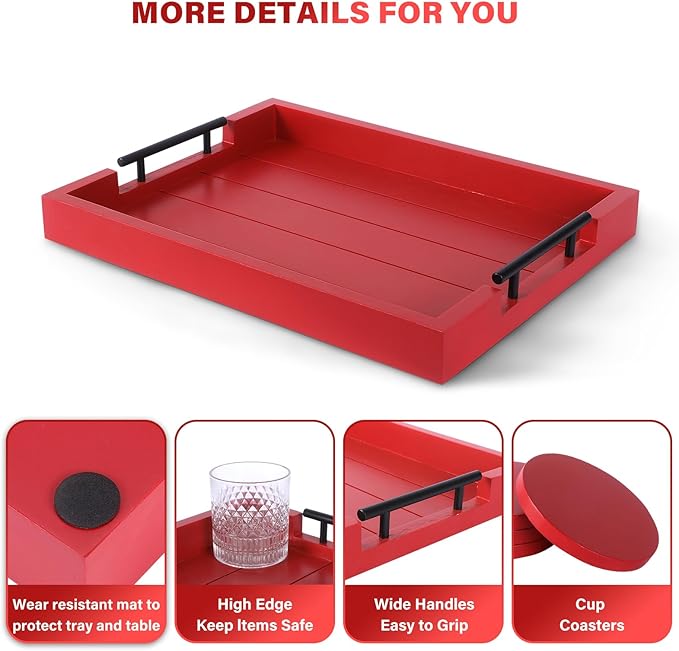 Coffee Table Decorative Serving Tray - 17x13 Inch Wood Tray with 4 Wooden Coasters - Ideal for Ottoman, Breakfast-Ruum Studio Home