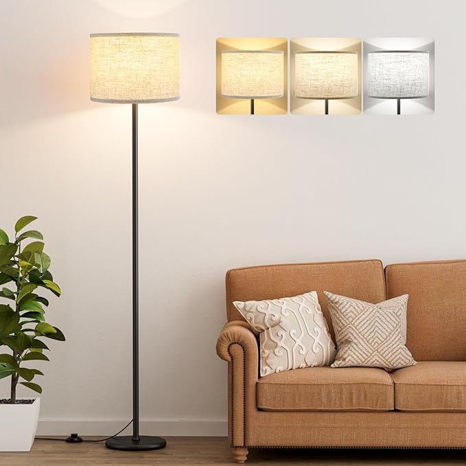 Ambimall 61'' Modern Floor Lamp with Shade, Tall Lamps for Living Room, Bedroom, Office, Dining Room, Beige Shade with Black Pole(Without Bulb)-Ruum Studio Home