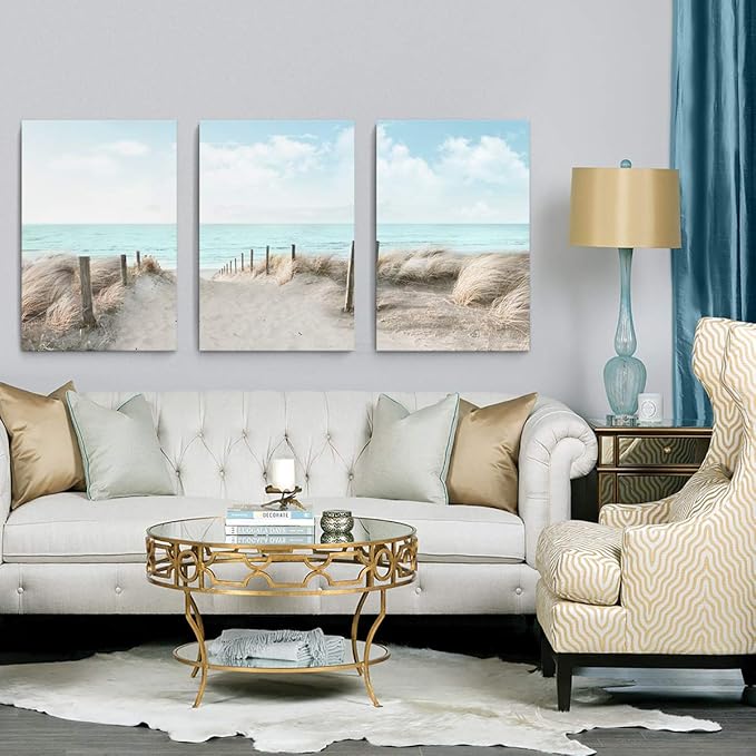 3 Piece Large Canvas Bedroom Wall Art Beach Blue Sea Blue Sky Print Picture Framed Wall Decor for Living Room Bathroom Modern Home Decor Artwork Ready to Hang Coastal Wall Decorations Size 16x24x3-Ruum Studio Home
