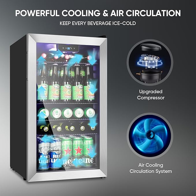 120 Can Beverage Refrigerator – Mini Fridge with Glass Door for Soda Beer or Wine, Beverage Cooler for Bedroom, Office, Bar with Adjustable Shelves & Digital Temperature Display, Silver-Ruum Studio Home