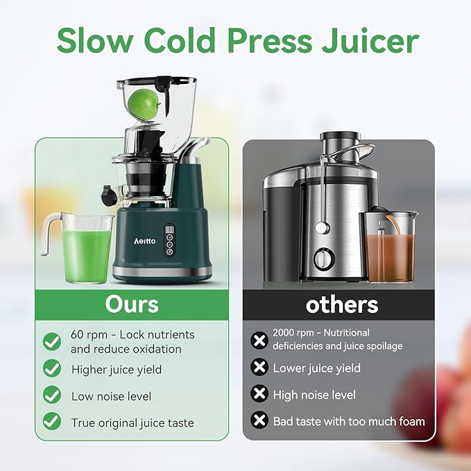 Cold Press Juicer,Aeitto Slow Masticating Juicer with Wide & Dual Feed Chute for Vegetables and Fruits, High Juice Yield, Self Feeding for Juice Extractor, BPA-Free, Dark Green-Ruum Studio Home
