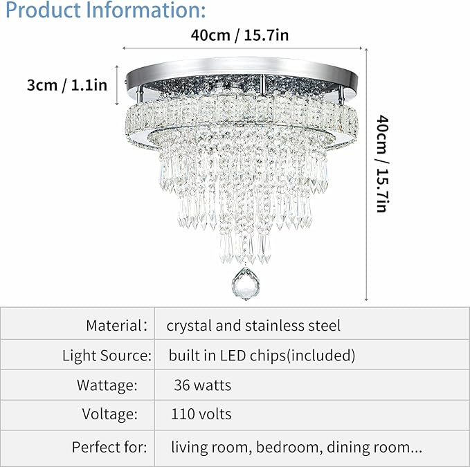 16“ Crystal Chandeliers Round Modern LED Chandelier Light Flush Mount Ceiling Light Fixtures with Remote Control for Bedroom Living Room Dining Room (dimmable)-Ruum Studio Home
