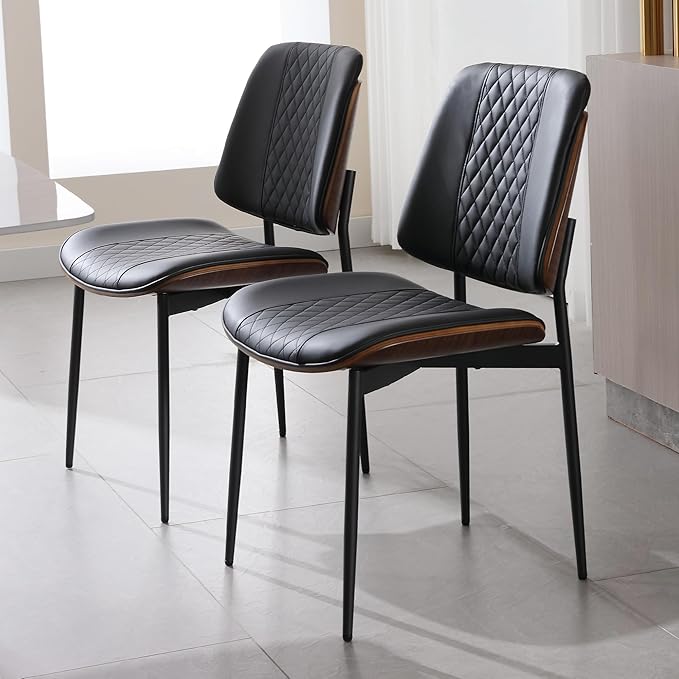 BV Dining Chairs Set of 2, PU Leather Armless Kitchen Chair in Modern Walnut Style, Mid Century Bentwood Side Chair with Metal Legs, Retro Accent Guest Chair for Kitchen Dining Room(Black)-Ruum Studio Home