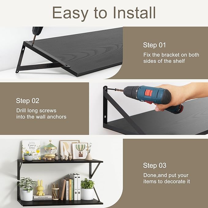Fun Memories 27.5" W x10 D Floating Shelves, Black Wall Shelf with Brackets, 10 Inch Deep Floating Shelf Set of 2, Large Storage Kitchen Living Room Bathroom Shelves, Wood Wall Mounted Shelf-Ruum Studio Home